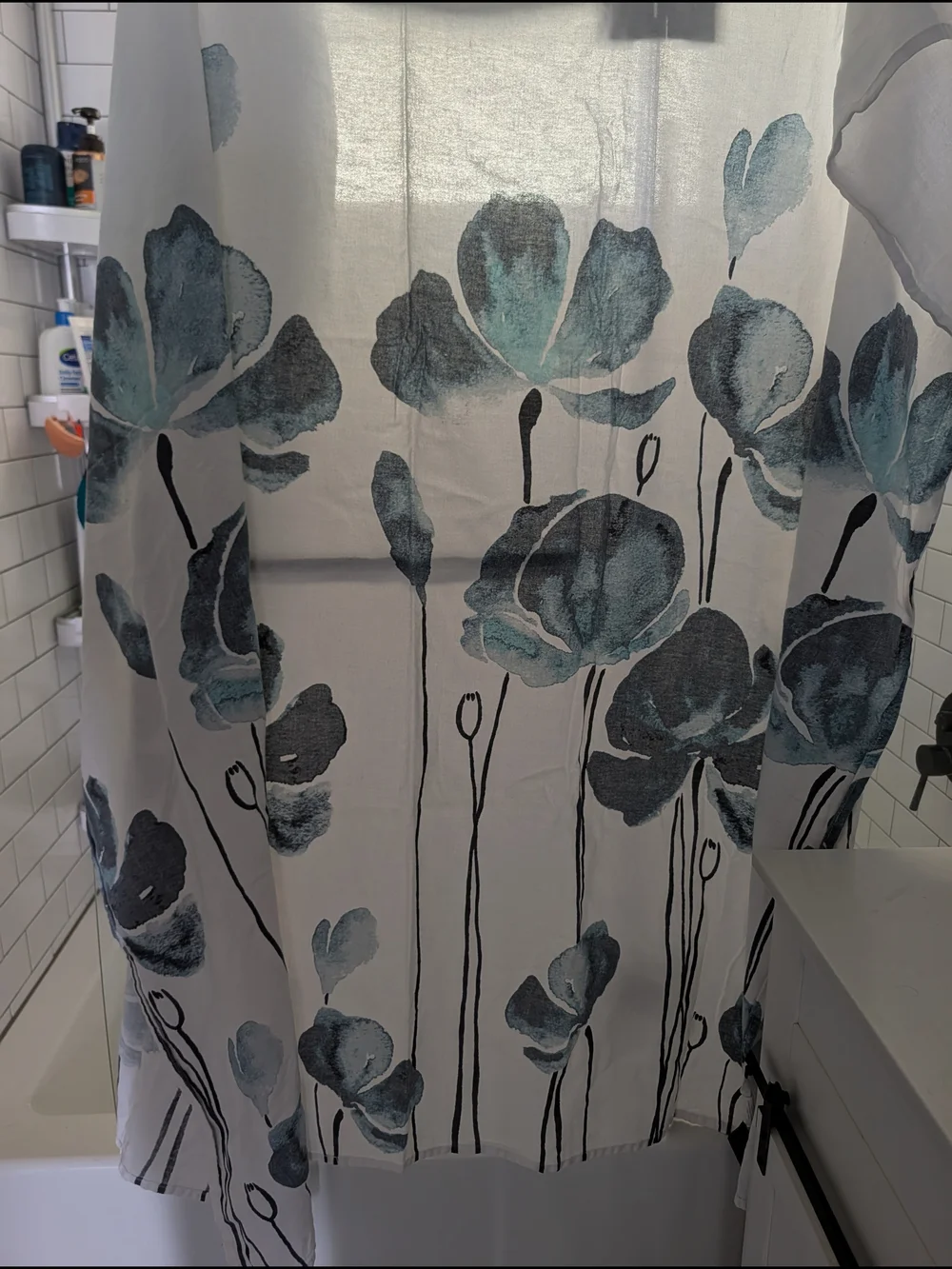 White Shower Curtain with Blue Floral Print